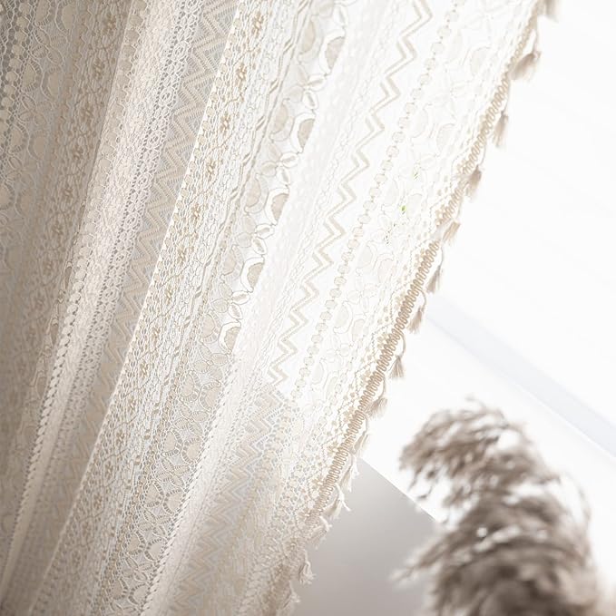 Sutuo Home Crochet Boho Curtain 63 Inches Length, Sheer Lace Handmade Tassels Knitted Window Treatment Vintage Rustic Bohemian Farmhouse Drape for Bedroom Rod Pocket 1 Panel 59" W x 63" L, Beige Wave