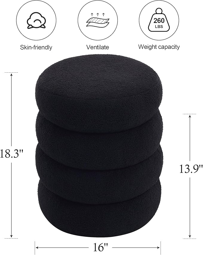 ONEVOG 16 Inch Small Ottoman Foot Rest, Sherpa Storage Ottoman for Toys, Black Vanity Stool Soft Tufted Fabric Pouf, Footstool Seat for Living Room, Dorm, Bedroom