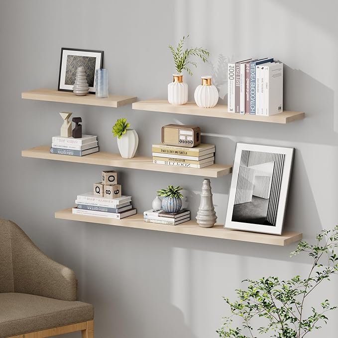 SAUMONIERES Floating Shelves 8 Inch Deep Solid Wood Wide Wall Shelf Set of 2 Wall Mounted for Bedroom Bathroom Living Room Kitchen, 36 Inch Natural