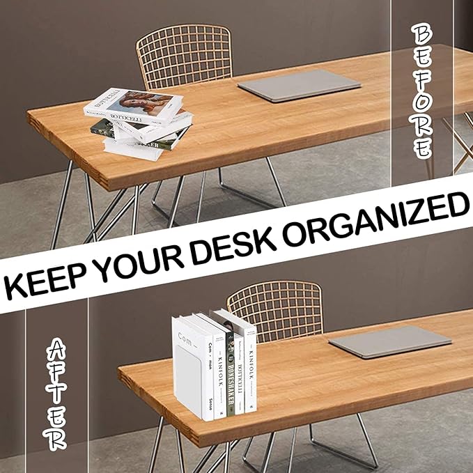 VONDERSO Metal Bookends, 4 Pairs White Metal Book Ends Heavy Duty for Shelves Decor Home Office, Unique White Bookends Supports Anti-Slip for Kids