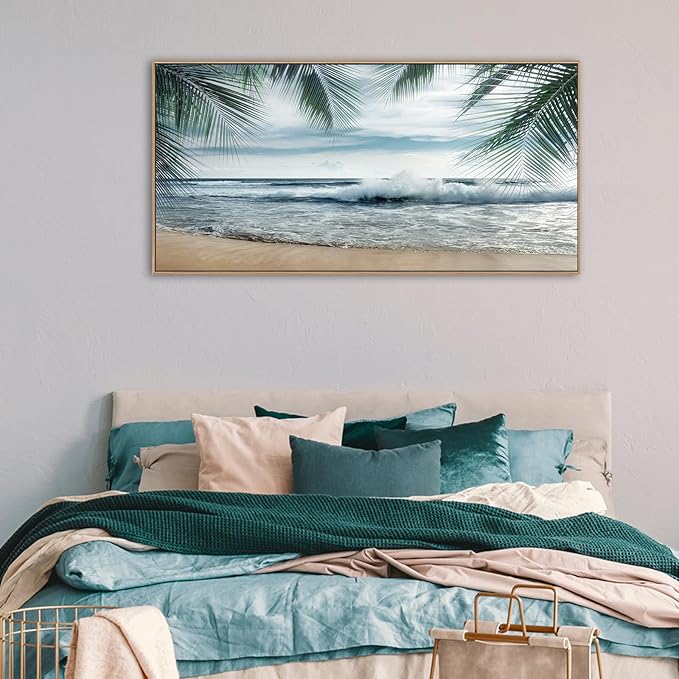 Framed Tropical Beach Wall Art - Ocean Waves Canvas Pictures Coastal Blue Sky and Sea Print Seaside Palm Tree Leaves Scene Painting Artwork Living Room Bedroom Office Home Decor 24" x 48"