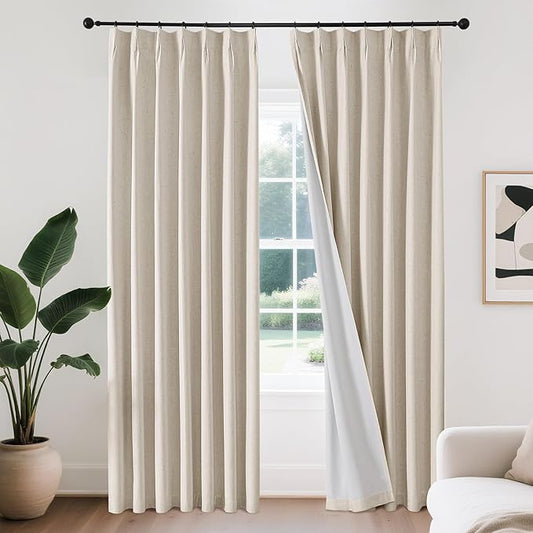 Joydeco Pinch Pleated Linen Curtains for Living Room, 100% Blackout Darkening Curtains 72 inches Length 2 Panel Thermal Insulated Pinch Pleat Drapes(Ecru,40'' Wx72'' L)