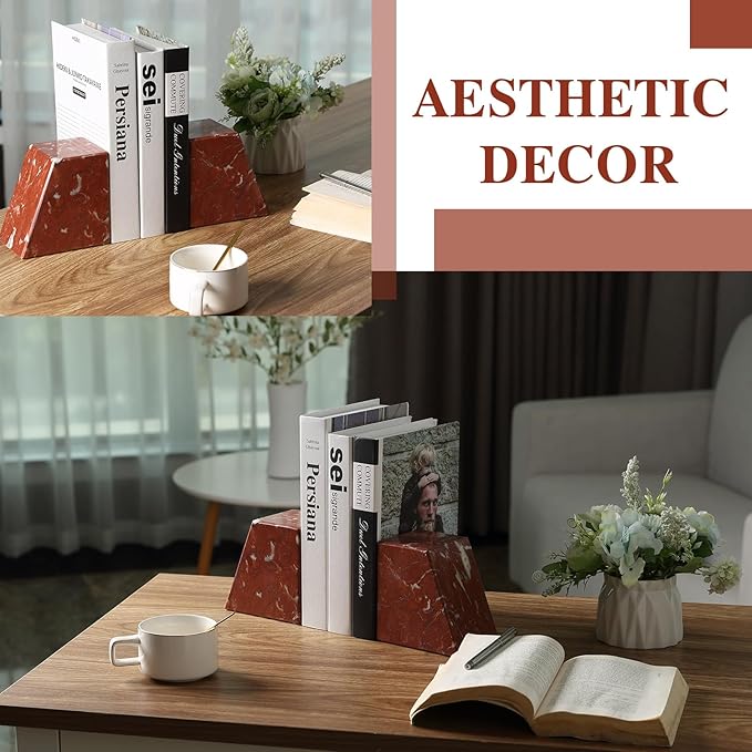 Marble Book Ends Decorative, Unique Bookends for Shelves，Bookends to Hold Heavy Books Durable Book Holder Stopper for Home Office Desk Bookshelf Decoration, Set of 2, Rosso Francia