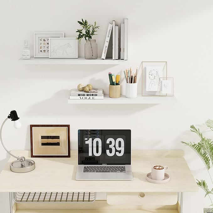 Fun Memories 32Inch Floating Shelves for Wall 2 Pack Wood Shelves for Kitchen, Bathroom, Bedroom Wall Mounted Rustic Wood Floating Shelf with Invisible Brackets for Books, Storage, Decor, White