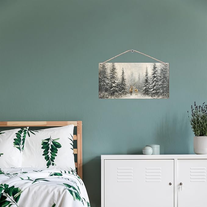 Winter Pine Tree Deer Wooden Sign, 12x6 inches, Rustic Wall Decor for Home, Office or Gifting