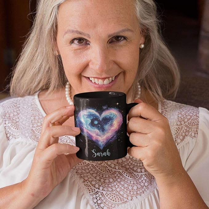 Personalized Love Heart Ceramic Mug, Custom Name Black Cup 11oz Or 15oz, Customized Celestial Themed Coffee Mug, Valentine's Day Themed Keepsake Cup, Gift For Him Her, Heart Mug