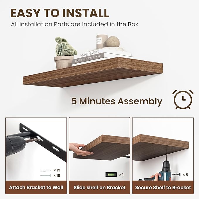 48 Inch Floating Shelves, 12 Inch Deep Floating Shelves for Wall, Floating Shelf with Invisible Brackets, Deep Shelves for Bathroom, Bedroom, Living Room, 1 Pack, Walnut