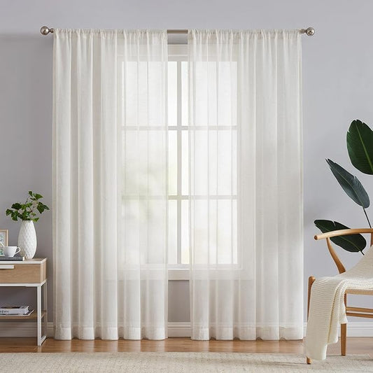 FMFUNCTEX Linen Sheer Curtains for Bedroom, Beige Curtains 63 inch Length for Living Room, Natural Flax Blend Window Draperies for Farmhouse Curtain, Rod Pocket 2 Panels