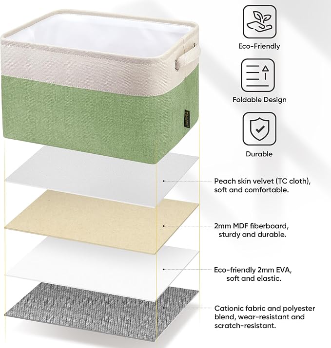 BALEINE 2 Pack Fabric Storage Bins for Shelves, Linen Storage Baskets for Organizing, Decorative Closet Bins for Clothes, Home (Green, 15''x11''x9.5'')