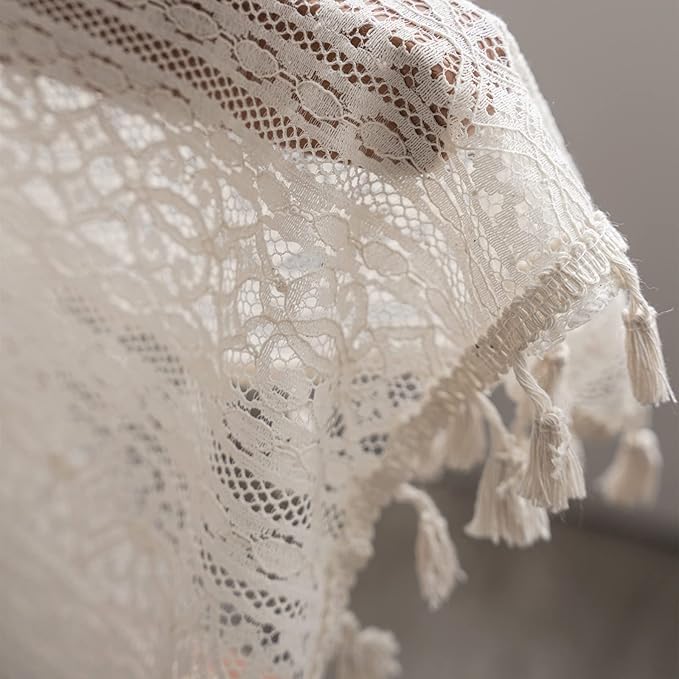 Sutuo Home Boho Curtain Crochet Lace Semi-Sheer Florals Hollow Knitted Handmade Tassels, Rod Pocket Window Treatment Vintage Rustic Farmhouse Drapes for Living Bedroom, 1 Panel 59" W x 72" L, Beige