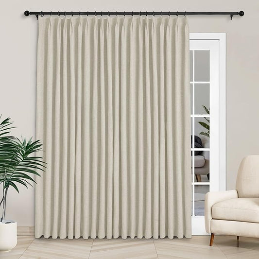 Macochico 100”Wx102”L 100% Blackout Pinch Pleated Linen Curtains for Sliding Door Bedroom Living Room Farmhouse Thermal Insulated Ivory White Burlap Drapes with Tieback 1 Panel Shabby Chic Style