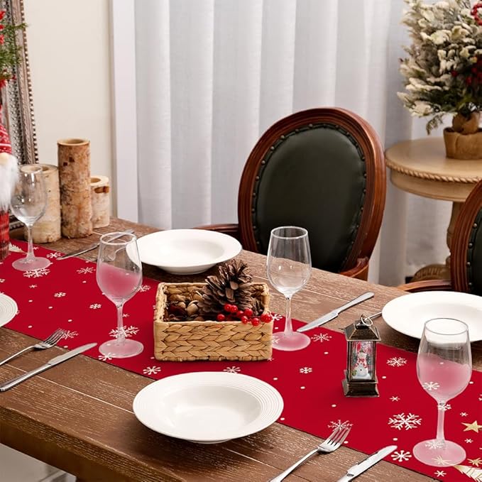 GEEORY Christmas Table Runner 13x108 Inch, Xmas Trees Snowflakes Holiday Decorative Farmhouse Table Decoration for Kitchen Dinning, Indoor Outdoor Dinner Party Decor (Red) GT150-108