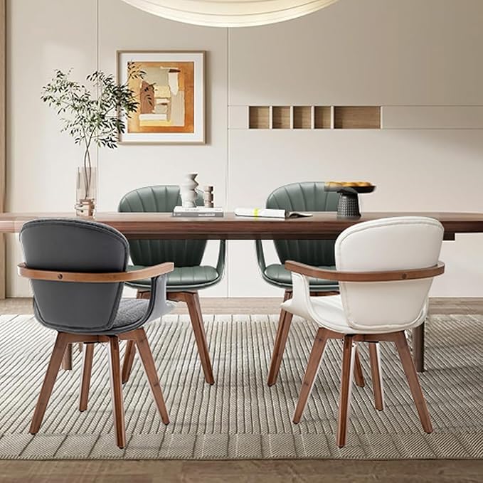 LUNLING Swivel Dining Chairs, Mid Century Modern Green Faux Leather Kitchen Chairs with Arms,Bamboo Legs Side Chairs No Wheels,Accent Chair for Dining Rooms and Offices,1PCS