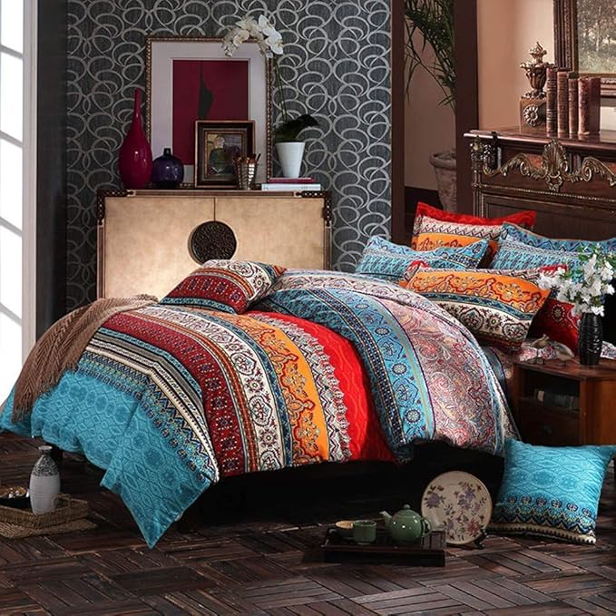 ABREEZE 3Pcs Bohemia Retro Bedding Ethnic Vintage Floral Duvet Cover Boho Bedding 100% Brushed Cotton Bedding Sets Damask Paisley Coloful Mandala Down Comforter Cover,King