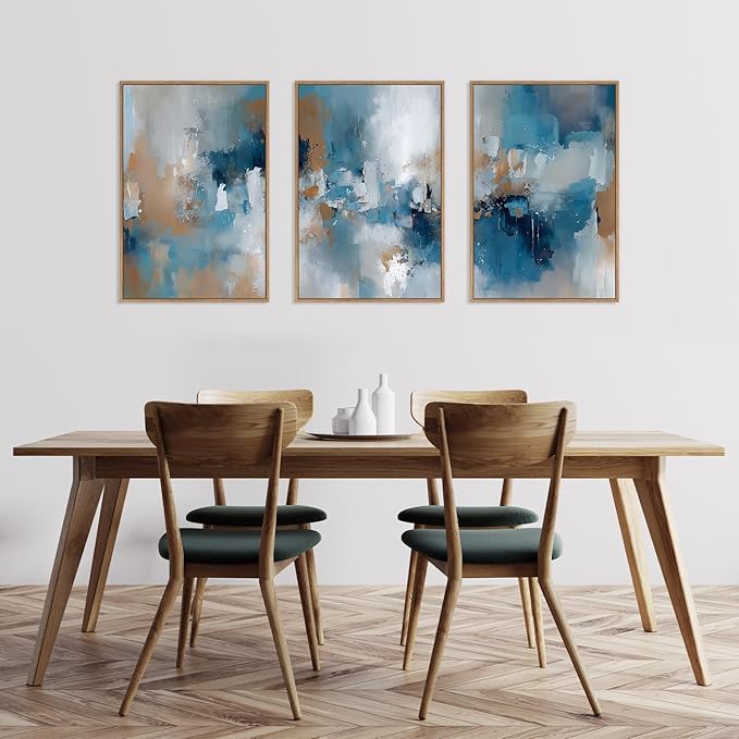 HLNIUC Large Blue Abstract Framed Canvas Wall Art,Blue and Brown Brush Strokes Wall Decor Set of 3(16”x24”)Neutral Modern Wall Painting,Watercolor Minimalist Abstract Art Print for Living Room,Bedroom