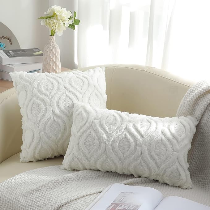decorUhome Throw Pillow Covers 26x26 Inch Set of 2, Soft Plush Decorative Faux Fur Cream Beige Solid Couch Pillow Covers, Accent Farmhouse Neutral Square Euro Pillow Cases for Sofa Bed Living Room