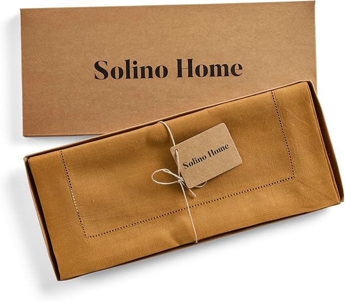 Solino Home Linen Table Runner 36 Inches - 100% Pure Linen Brown Sugar Hemstitch Table Runner 14 x 36 Inch Ideal for Dresser and Coffee Tables - Fall, Autumn, Thanksgiving - Classic Hemstitch