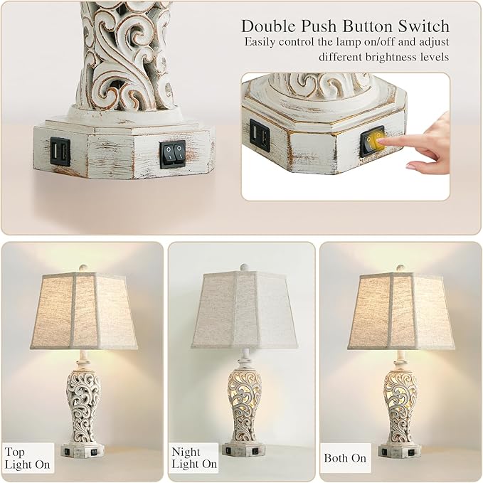 Set of 2 Rustic Table Lamps for Living Room Bedroom, Farmhouse Vintage Nightstand Lamp with 2 USB Ports, Hollow Out Resin Lamp for End Table with Nightlight, Bulbs Included (Wash White)