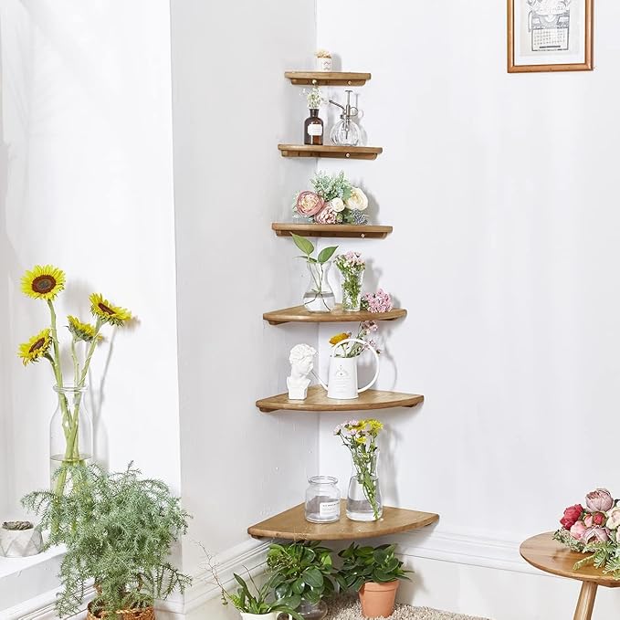 Corner Shelves, Floating Corner Shelf, Set of 2 10inch Solid Oak Wood Corner Wall Shelves, Round End Wall Mount Display Shelf with Wire Hole for Bedroom Kitchen, Living Room