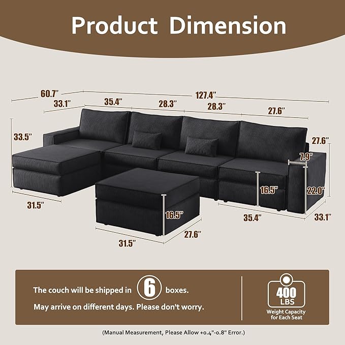 HOOOWOOO Modular Sectional Couch Sofa,128X61 U L Shaped Oversized Couch Sets Free Combination,6 Pieces Extra Deep Sofa with Ottomans for Living Room(Black Corduroy)