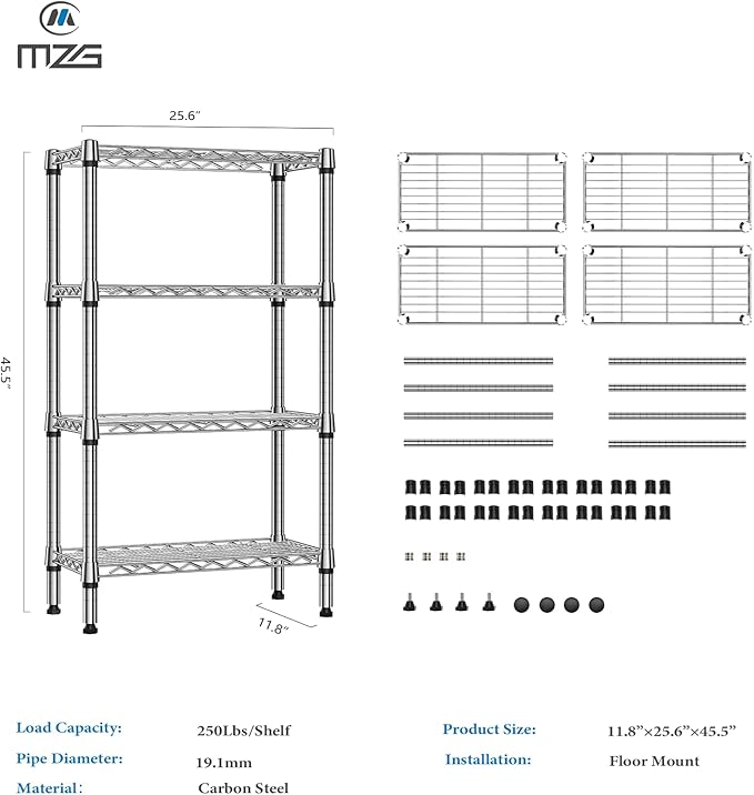 1000 lbs 4 Tier Shelf Metal Storage Shelves Wire Rack Closet Organizers for Garage Kitchen Bathroom Laundry Chrome 11.8" D x 25.6" W x 45.5" H