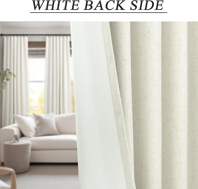 100 Inch Curtains Complete Blackout Linen Curtains for Bedroom 2 Panels Set Large Window Custom Length 100 Inches Long Neutral Cream Colored Thermal Drapes for Sliding Glass Doors Shades Blinds 52x100
