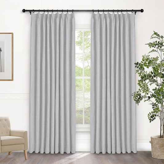 Macochico Pinch Pleated Blackout Curtains 102 Inches Long 100% Blackout Natural Linen Drapes for Bedroom Living Room Windows Farmhouse Burlap Curtains with Tieback 52”Wx102”L Silver Grey 1 Panel
