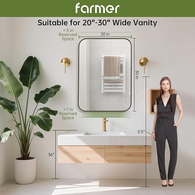 FARMER 20x30 Inch Black Bathroom Mirror, Rectangle Vanity Mirror, Brushed Mirrors for Wall, Metal Frame Hanging Mirror with Round Corner for Bedrooms, Entryways, Living Rooms, Horizontal/Vertical