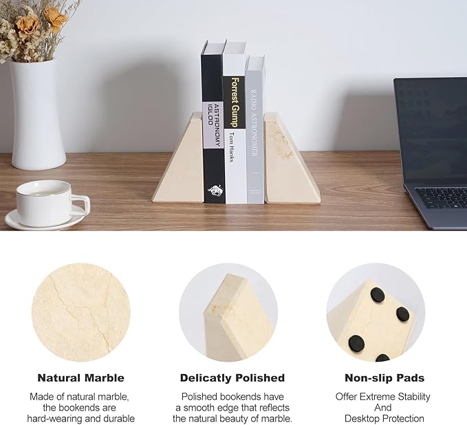 Marble Bookend for Heavy Books, Decorative Bookends for Shelves, Durable and Heavy-Duty Book End for Hardback Books & CDS, Unique Book Stopper & Holder, Sunny Golden, Set of 2