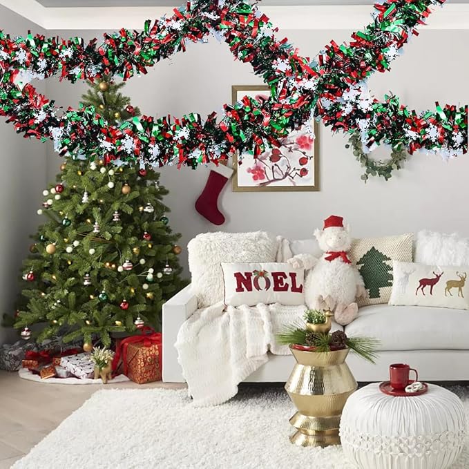 50 Feet Green Red Christmas Metallic Tinsel Twist Hanging Garland with Snowflake for Home Mantle Xmas Tree Staircase Railing New Year Holiday Party Indoor Outdoor Decorations（2 Pcs）