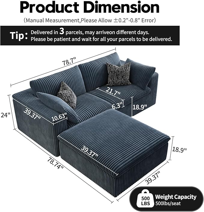 LoveSeat Cloud Couch Modular Sectional Sofa for Living Room,Modern Sofa with Deep Seat，2 Seater Boneless Couch with Ottoman,Comfy Upholstered Couches for Apartment, Studio, Office,Bedroom，Blue