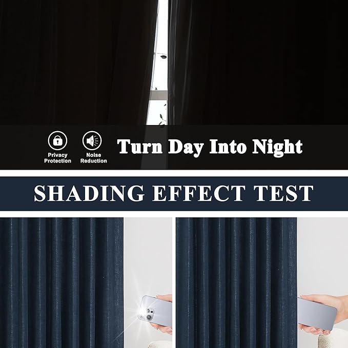 Vision Home Navy Blue Pinch Pleated Full Blackout Curtains Linen Blended Room Darkening Curtain Panels 95 inch for Living Room Bedroom Thermal Insulated Pinch Pleat Drapes with Hooks 8FT 40" Wx95 Lx2
