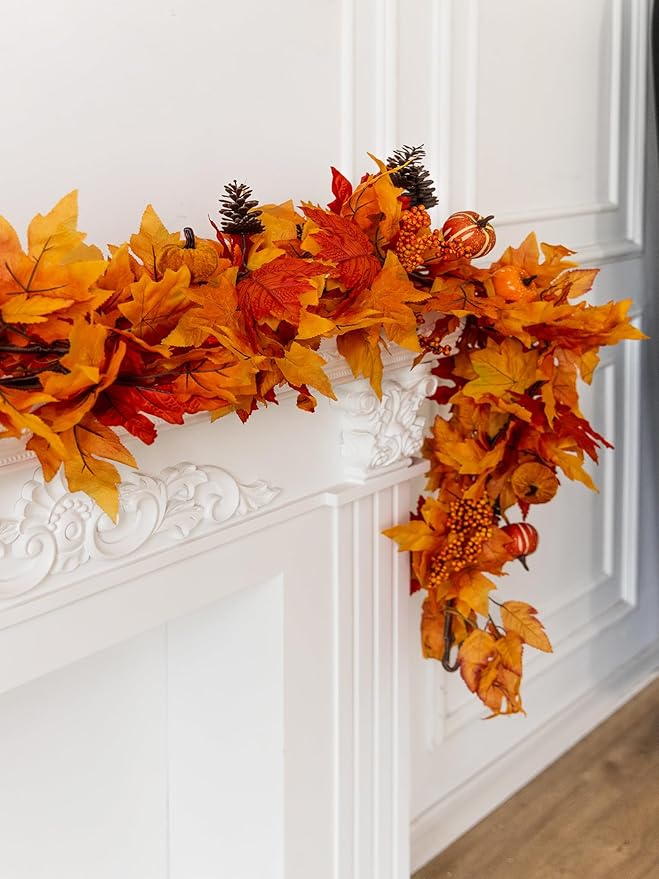 MISSPIN Fall Decor - Fall Garland - 6FT Autumn Maples Leaf Garland for Autumn Decor Hanging Vine for Halloween Thanksgiving Decor Home Wedding Fireplace Party Christmas(Orange)