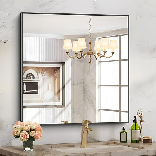 Black Bathroom Mirror for Wall, 30x30 Inch Rectangle Mirrors with Metal Frame, Modern Vanity Wall Square Mirror for Bathroom Living Room, Entryway Hangs Horizontal or Vertical