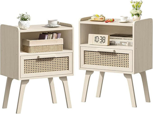 Lerliuo Rattan Nightstands Set of 2, Side Table with Drawer Open Shelf, Cane Accent Bedside End Table, Mid Century Modern Night Stand for Bedroom, Dorm and Small Spaces (Grey White)