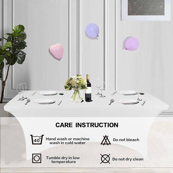 IVAPUPU 8FT Table Cloth for Rectangular Fitted Events Stretch White Table Covers Washable Spandex Spring Tablecloth Protector for Party, Wedding, Cocktail, Banquet, Festival
