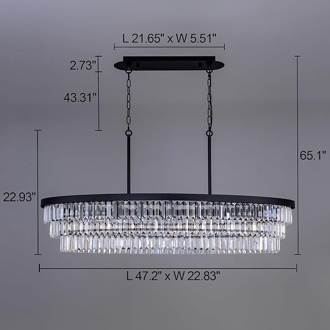 TOCHIC Crystal Chandelier 47 inch, 9 Lights Large Black Crystal Chandeliers for Dining Room, Modern Farmhouse Oval Chandelier Kitchen Island Lighting Fixture for High Ceiling, Living Room, Bar