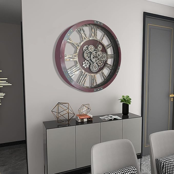 DORBOKER 30" Original Moving Gears Wall Clock, Large Industrial Wall Clock for Living Room Decor, Retro Wood Vintage Farmhouse Steampunk Rustic Clocks for Wall Decor,Cherry Red