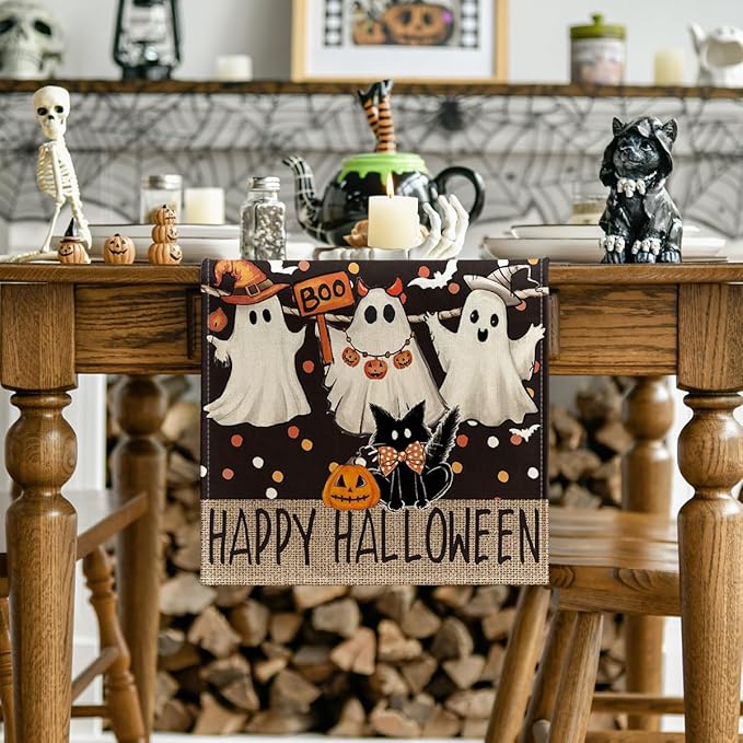 Artoid Mode Ghost Jack-O'-Lantern Black Cat Halloween Table Runner,Holiday Kitchen Dining Table Decoration for Home Party Decor 13 x 90 Inch