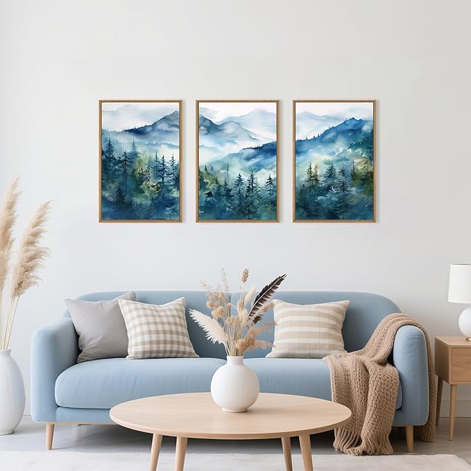 Celestdeco Blue Ridge Mountains Forest Framed Canvas Wall Art Set, Natural Landscape Wall Decor, Green Pine Trees Wall Painting, Woodland Artworks for Living Room, Bedroom, Dining Room - 24"x36"x3