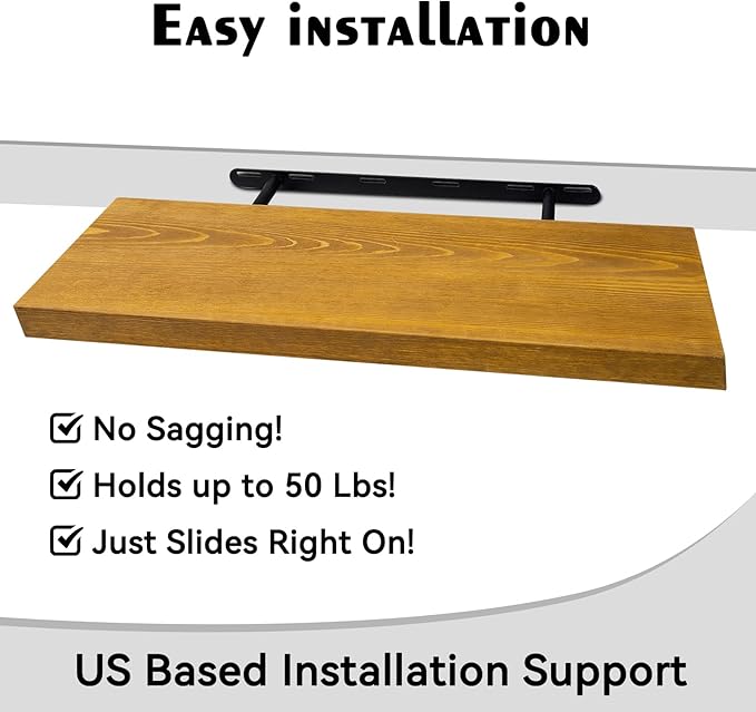 BGMG Wood Floating Shelves for Wall 24 inch Set of 2, Rustic Wooden Wall Mount Shelves for Living Room Bedroom Kitchen Farmhouse-24x6.7x1.25 inch- Gold Oak