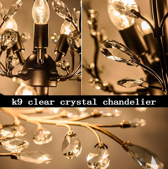 Ganeed Crystal Chandeliers,Vintage 8 Lights Pendant Light,K9 Clear Crystal Chandelier Lighting Fixtures,Ceiling Light for Living Room Bedroom Restaurant Porch Hallway (Black)