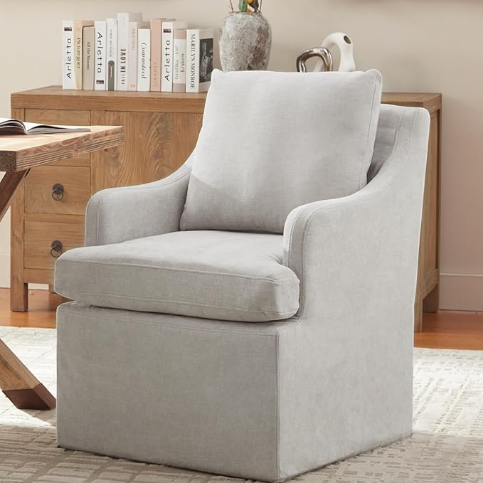 VKNOW Upholstered Dining Chairs Set of 2, Modern Kitchen Chairs Dinner Chairs with 4 Casters, Linen Armchair for Bedroom Reading Room Living Room, Light Grey