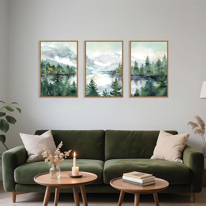 Celestdeco Watercolor Mountain Framed Canvas Wall Art Set, Boho Forest Wall Decor, Nature Green Pines Wall Painting, Forest Wilderness Artwork for Living Room, Bedroom, Dining Room, Office - 24"x36"x3
