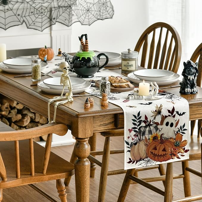 Artoid Mode Pumpkin Ghost Leaves Spider Web 210 GSM Halloween Table Runner, Spooky Kitchen Dining Table Decoration for Home Party Decor 13x120 Inch