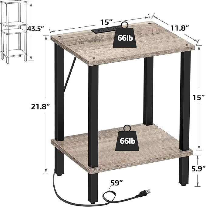 TUTOTAK End Table with Charging Station, Small Side Table with Outlets, Nightstand Bedside Table, 2-Tier Storage Shelf for Small Space, Living Room, Bedroom, Greige TB01BG040