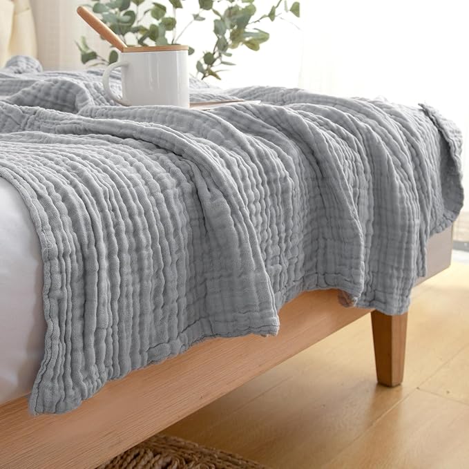 EMME Cotton Throw Blanket for Couch Soft Muslin Blankets 50"x60" Lightweight Breathable Blanket All Season Gauze Blanket, Light Grey