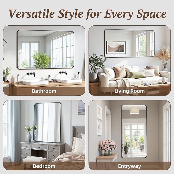 Bathroom Mirror 60" x 30", Large Rectangle Wall Mirror, Black Metal Frame Wall Mounted Mirrors for Bathroom, Vanity, Bedroom, Entryway Decor(Horizontal/Vertical)