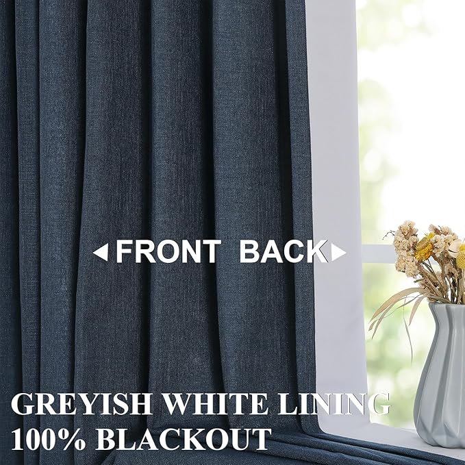 Vision Home Navy Blue Pinch Pleated Full Blackout Curtains Linen Blended Room Darkening Curtain Panels 95 inch for Living Room Bedroom Thermal Insulated Pinch Pleat Drapes with Hooks 8FT 40" Wx95 Lx2