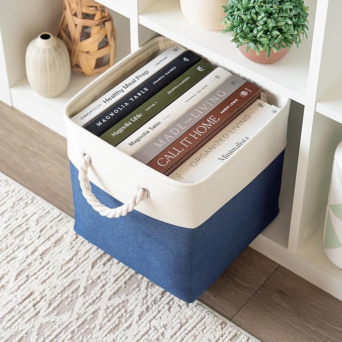 OrganiHaus 11x11 Cube Storage Bins 4 Pack, Foldable Cube Storage Organizer w/ Rope Handles, Collapsible Fabric Bins for Toys, Clothes & Closet Organization, Fabric Square Baskets - Navy Blue